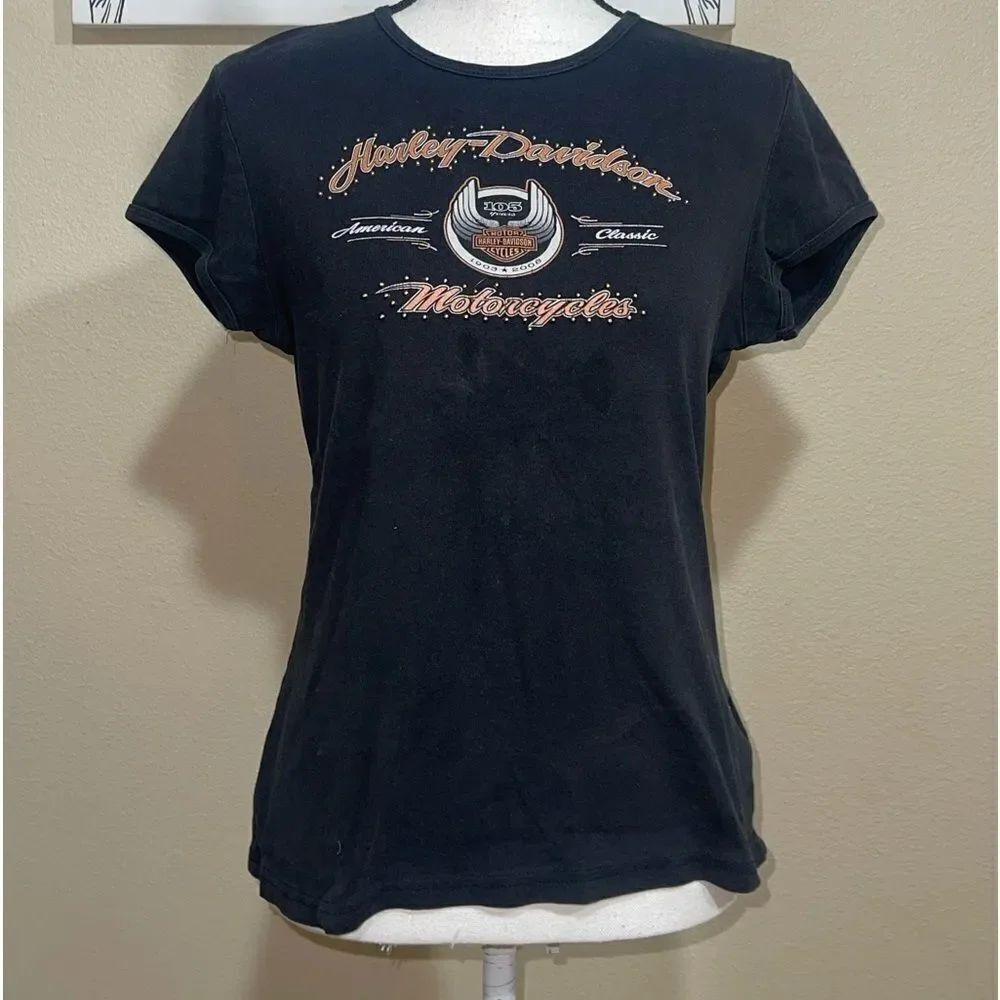 💜 HARLEY-DAVIDSON Ladies Black 105th Anniversary Short Sleeve Tee Shirt Large